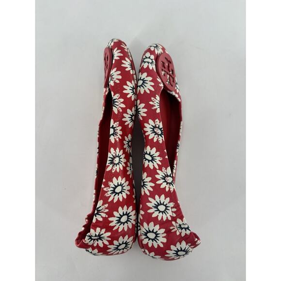 Tory Burch Minnie Travel Flats Womens 9M Red White Ballet Floral Leather Slip On - Picture 7 of 11